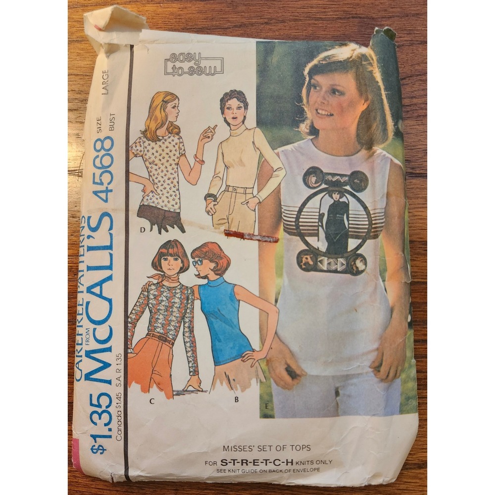 Vintage 1975 McCalls 4568 Misses Tops Sewing Pattern Size Large Stretch Knits
